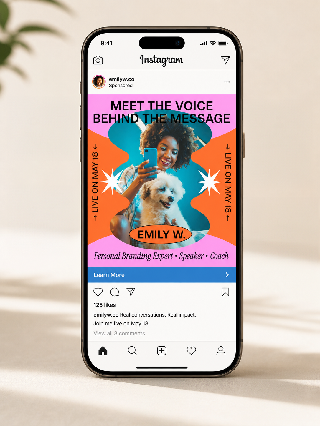Instagram advertisement promoting an event with Emily W., a personal branding expert, speaker, and coach, featuring a woman taking a selfie with her dog against a colorful background and details for a live event on May 18.