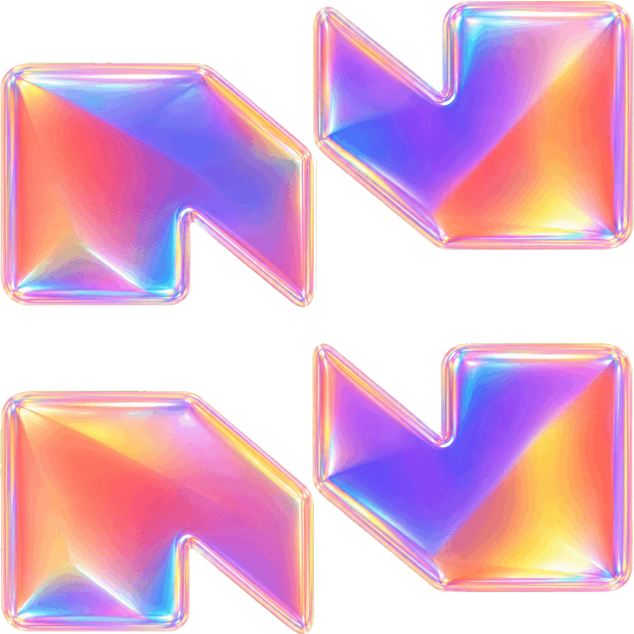 Four iridescent, holographic arrows pointing left and right, arranged in a grid pattern with a dark background.