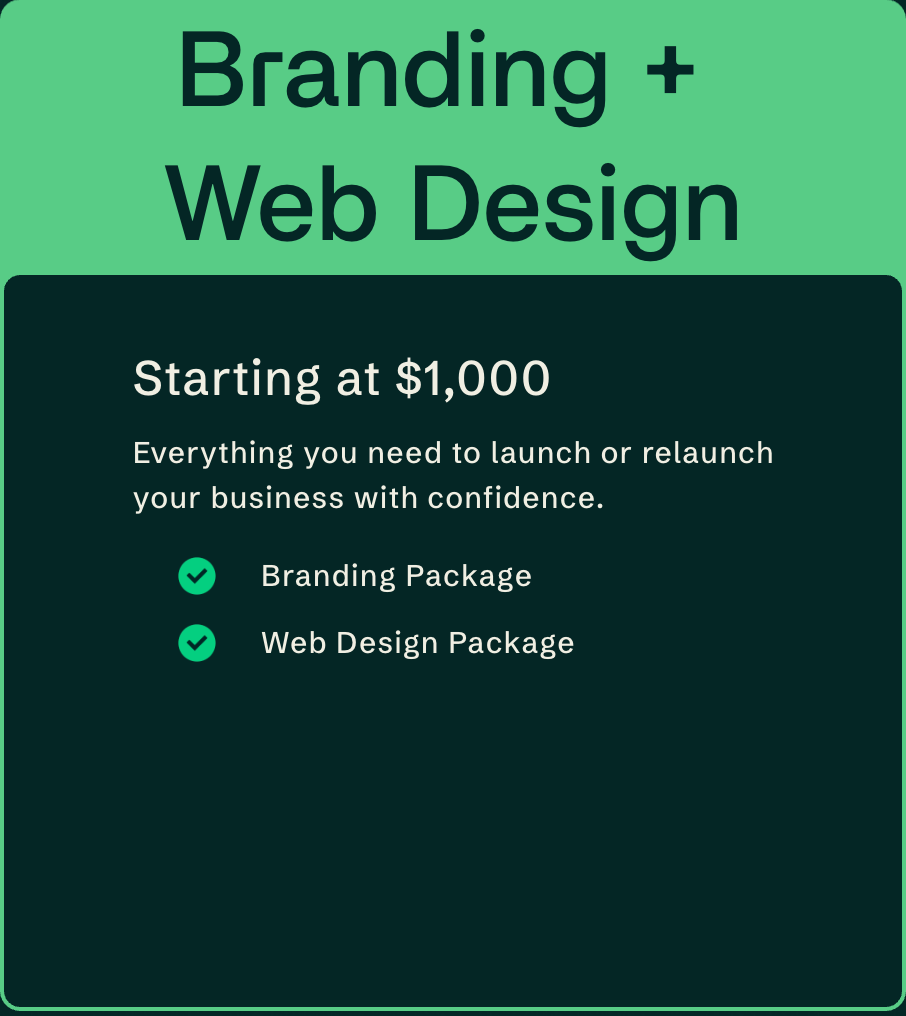 Green promotional graphic for branding and web design services with starting price of $1,000, listing branding and web design packages.