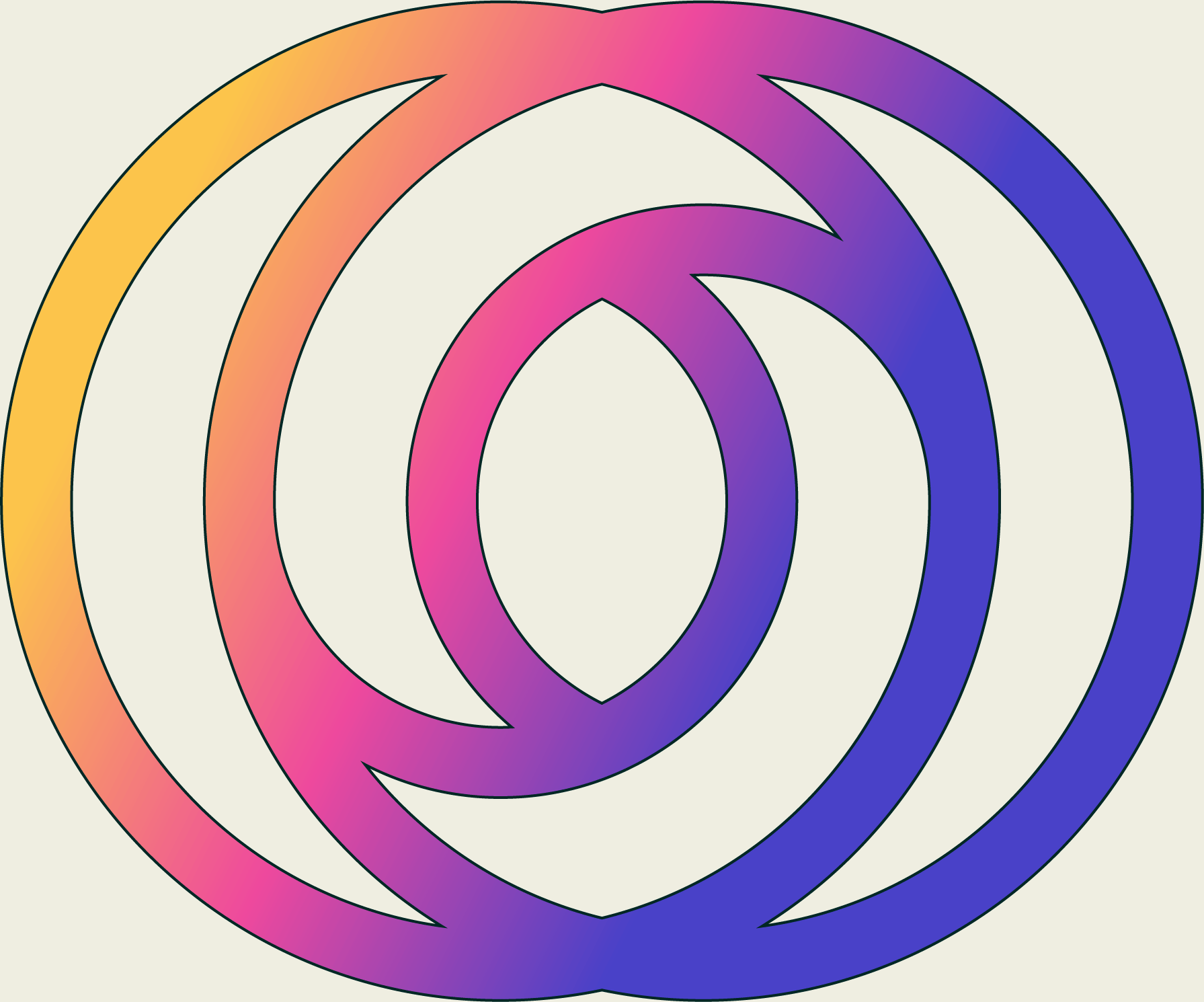 A geometric design with concentric loops that transition through colors of the rainbow, including yellow, orange, pink, purple, and blue, on a light background.