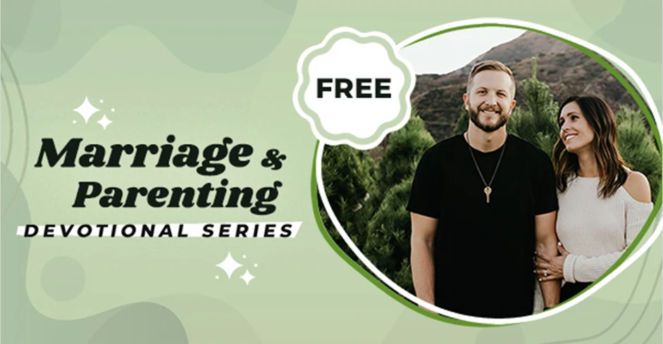 A promotional graphic for a free marriage and parenting devotional series featuring a smiling couple outdoors with greenery and mountains in the background.