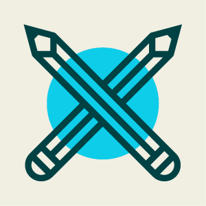 Two crossed blue pencils over a light blue circle