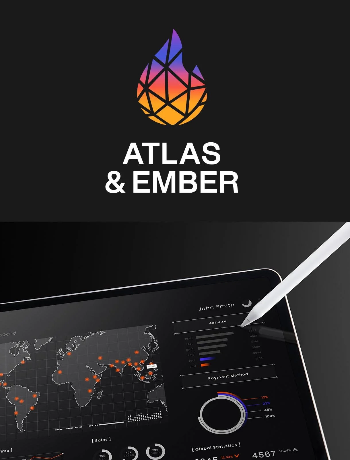 A digital tablet displaying a world map with data points, graphs, and statistics, with a stylus touching the screen and the title 'Atlas & Ember' above.
