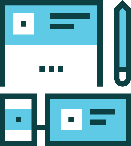 Illustration of a mobile phone, a computer screen, and a pen, all in shades of blue and black.