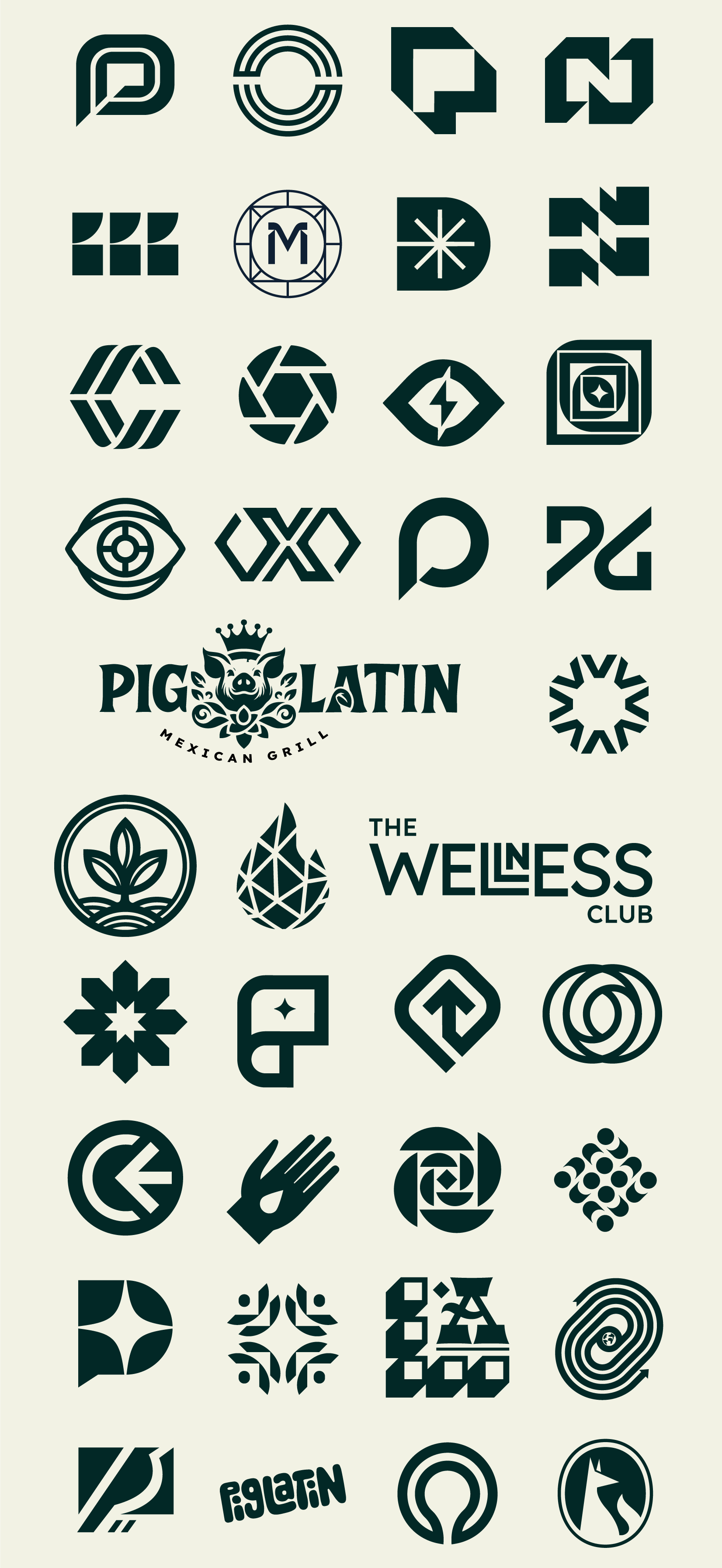A collection of various black and white logos and symbols on a light background, including designs for brands, organizations, and abstract icons.