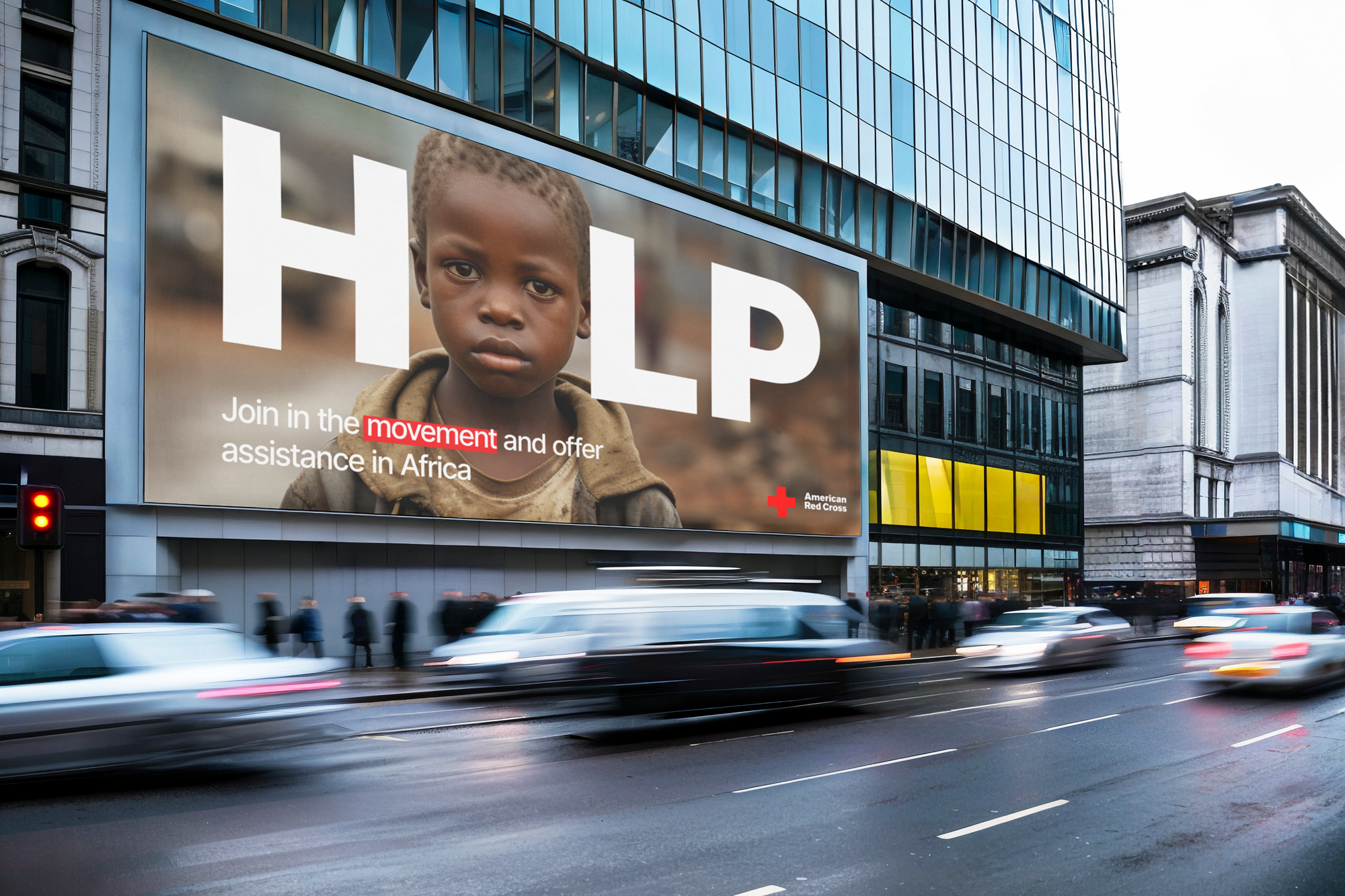 Large billboard on a city street showing a young African boy with short hair and a serious expression, with the word 'HELP' in big white letters across the top. Underneath, text reads 'Join in the movement and offer assistance in Africa.' The American Red Cross logo is in the lower right corner. Blurred cars are driving on the street below, with pedestrians walking nearby.