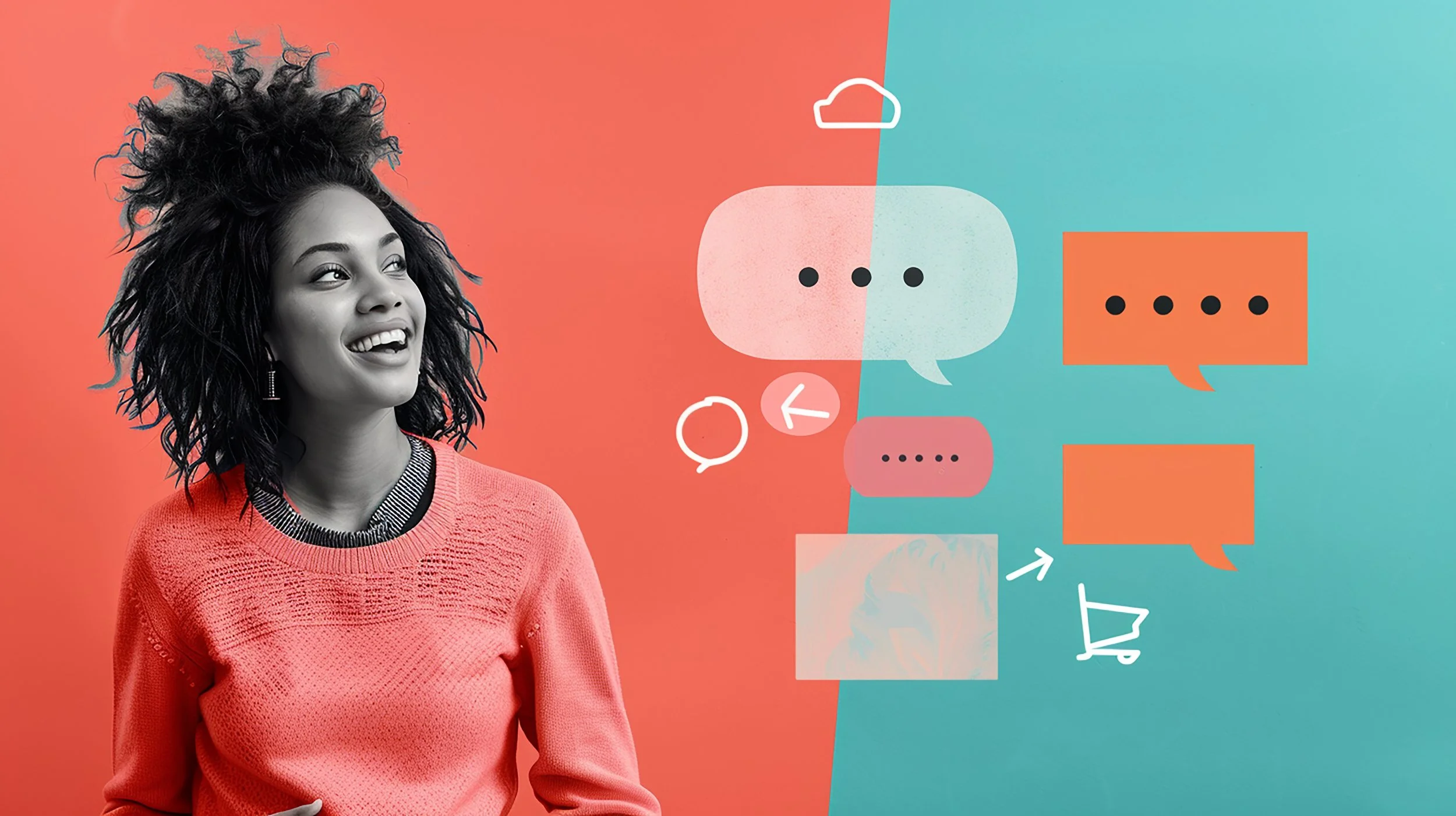 A woman with curly hair smiling and looking to her left. The background is split with warm coral on the left side and teal on the right side. On the right side, there are digital icons and speech bubbles representing chat and social media interactions.