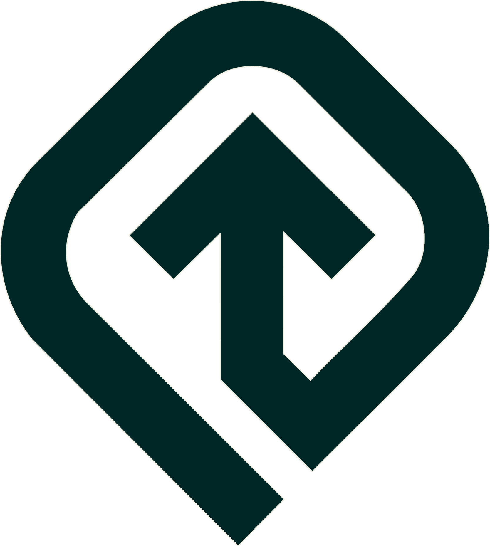 A geometric design featuring a stylized arrow pointing downward with a border, in dark green and black colors.