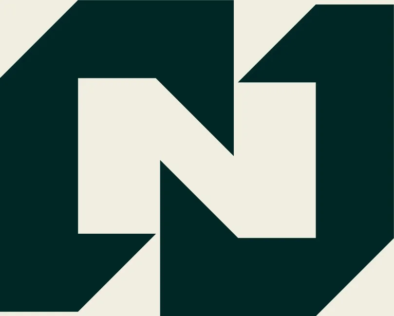 A geometric logo with a white letter 'N' on a dark green background, featuring sharp angles and a modern design.
