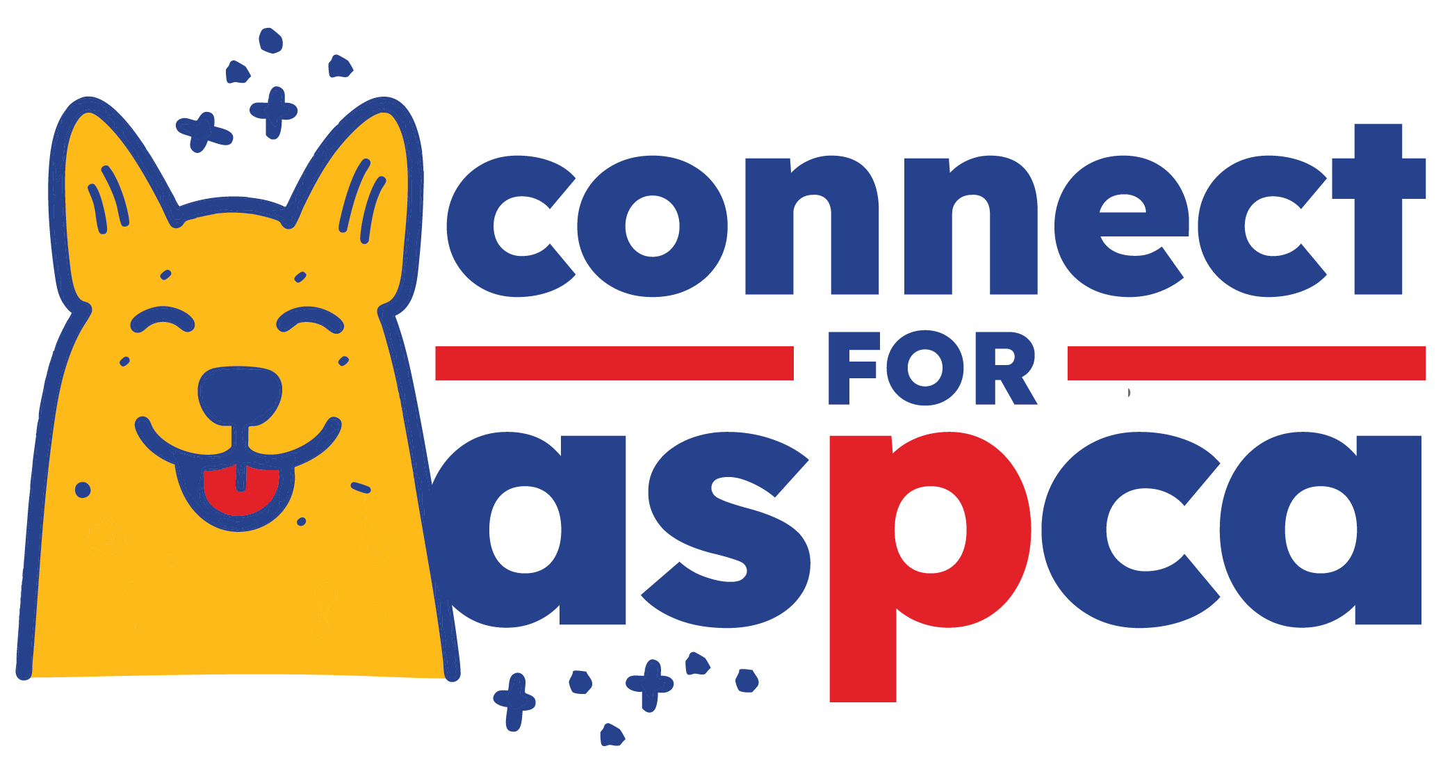 Connect for Aspca logo with a cartoon yellow dog smiling and surrounded by colorful stars and plus signs.