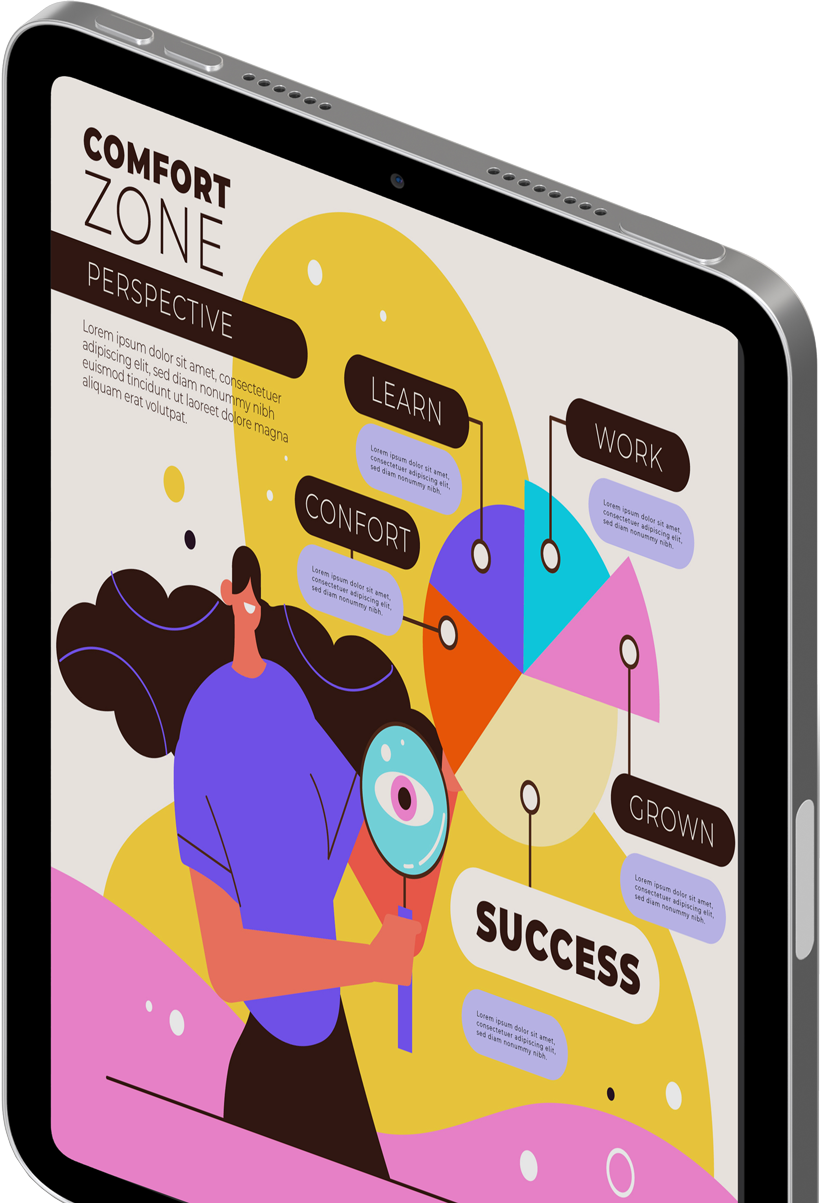 Smartphone screen displaying an infographic titled "Comfort Zone" with sections labeled Learn, Confort, Work, Grown, and Success, featuring a woman holding a magnifying glass.