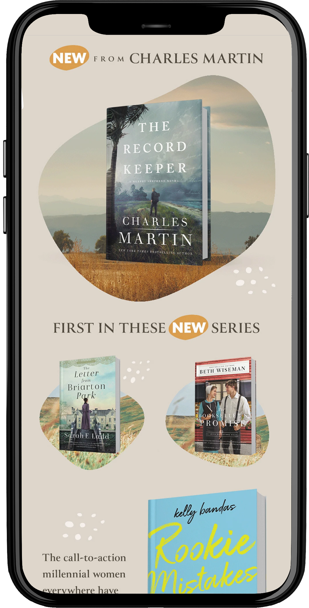 An advertisement for a new book series featuring Charles Martin's novel "The Record Keeper" alongside two other books, "The Letter from Briarton Park" and "Book Seller's Promise," with an additional book titled "Rookie Mistakes" by Kelly Bandas at the bottom. The ad emphasizes the new series and the call-to-action for millennial women.