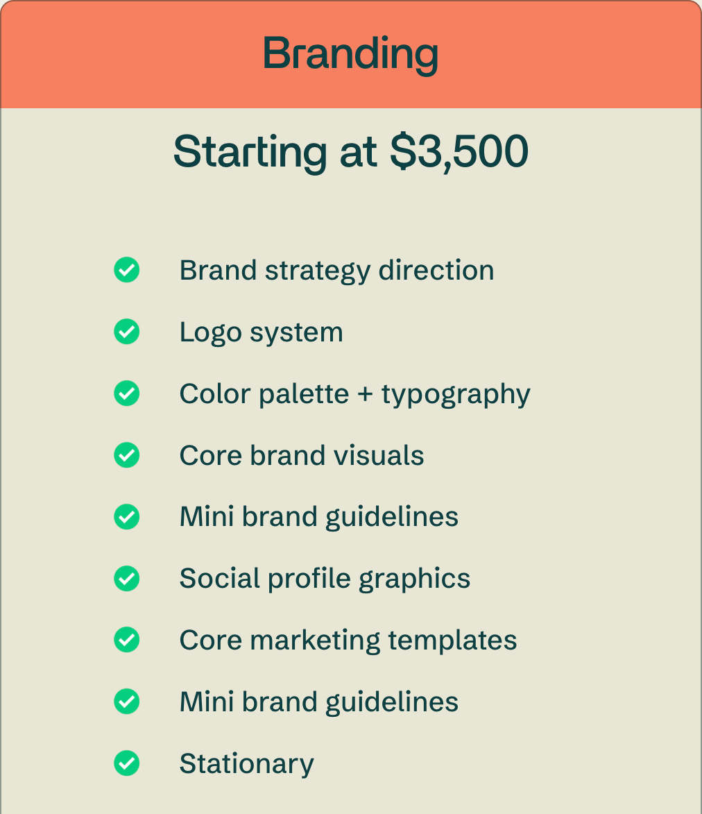 A pricing and features list for branding services, with starting prices at $3,500 and check marks next to various included items such as brand strategy, logo system, color palette and typography, core brand visuals, mini brand guidelines, social profile graphics, core marketing templates, and stationery.