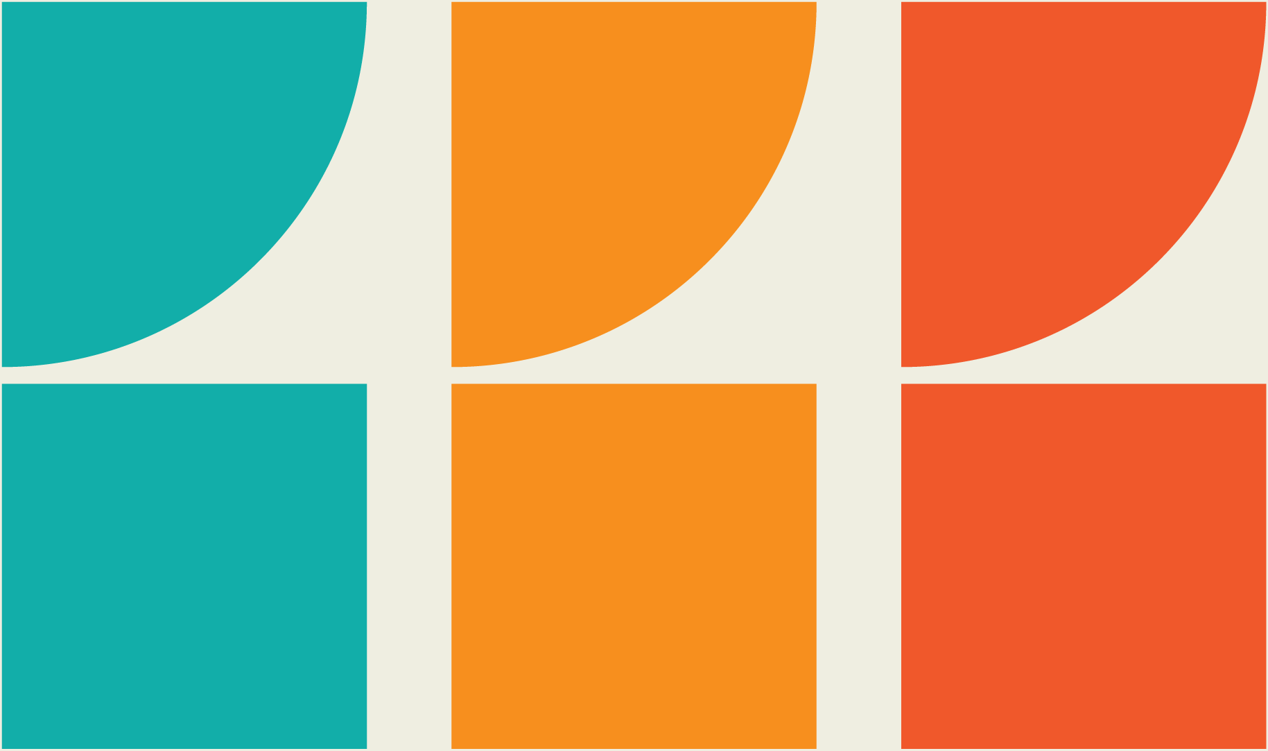 Colorful abstract geometric pattern with quarter circles and rectangles in teal, orange, and red on a beige background.