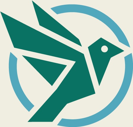 Stylized hummingbird logo with teal and light blue colors.