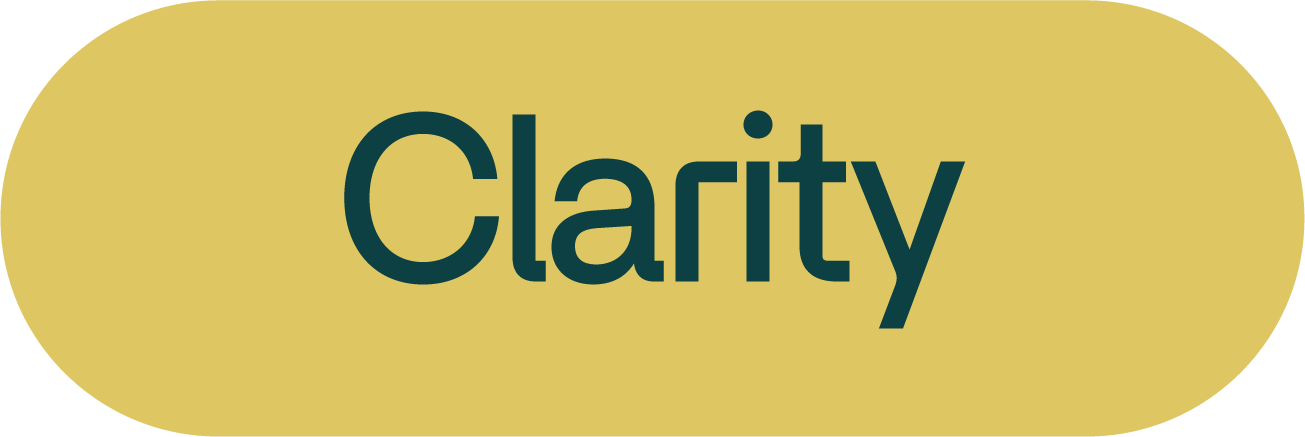 A beige oval button with the word 'Clarity' written in dark teal text.