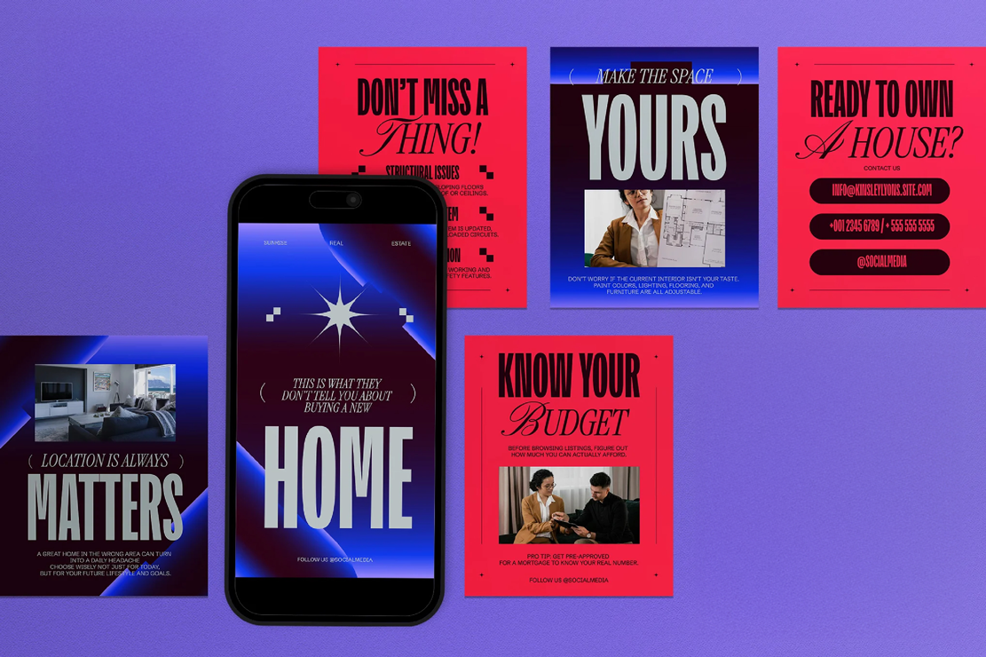 Various advertisements related to real estate, home buying, and interior design, with a smartphone displaying a home-related app in the center.