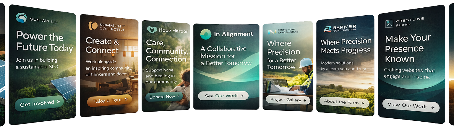 A sequence of six digital banners promoting various community and environmental initiatives, including sustainable energy, community building, care and healing, collaborative work, precision in construction, and online presence.