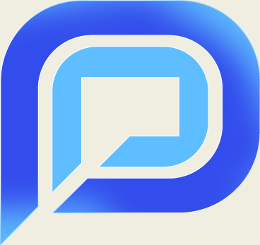 Logo with blue gradient background and stylized white and light blue speech bubble or quotation mark icon.