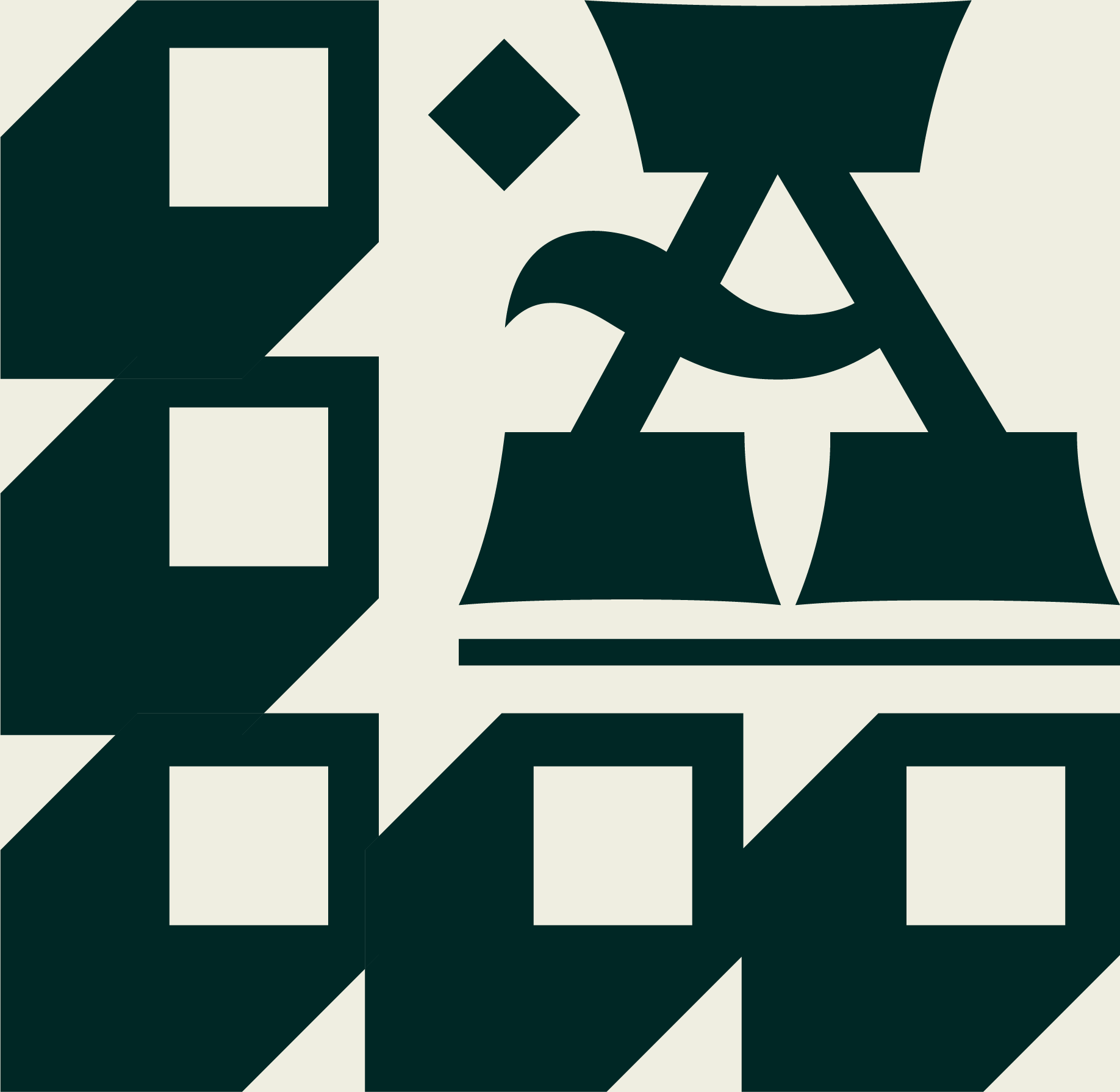 Abstract geometric pattern with black and off-white shapes, including squares, diamonds, and a circular shape, creating a symmetrical and dynamic composition.