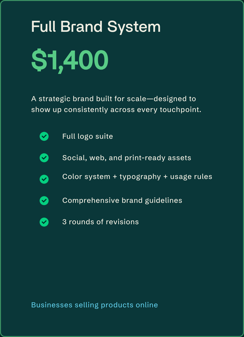Pricing and features of a full brand system for $1,400, including logo suite, web, print assets, color and typography guidelines, brand guidelines, and revisions, with a note about businesses selling products online.