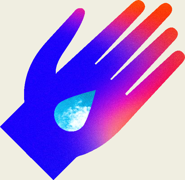 A stylized hand with a water droplet, featuring a gradient from blue to pink and orange, and a sky reflection inside the droplet.