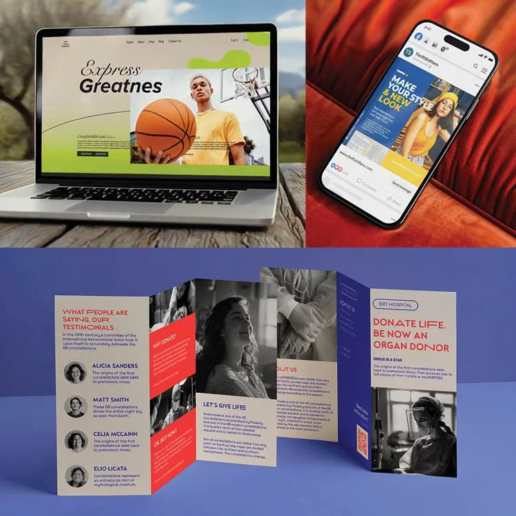 Collage of three images: a laptop open on a grassy outdoor table displaying a website about greatness, a smartphone on a red velvet couch showing a social media post about personal style, and a tri-fold brochure about organ donation and a medical professional in protective gear.