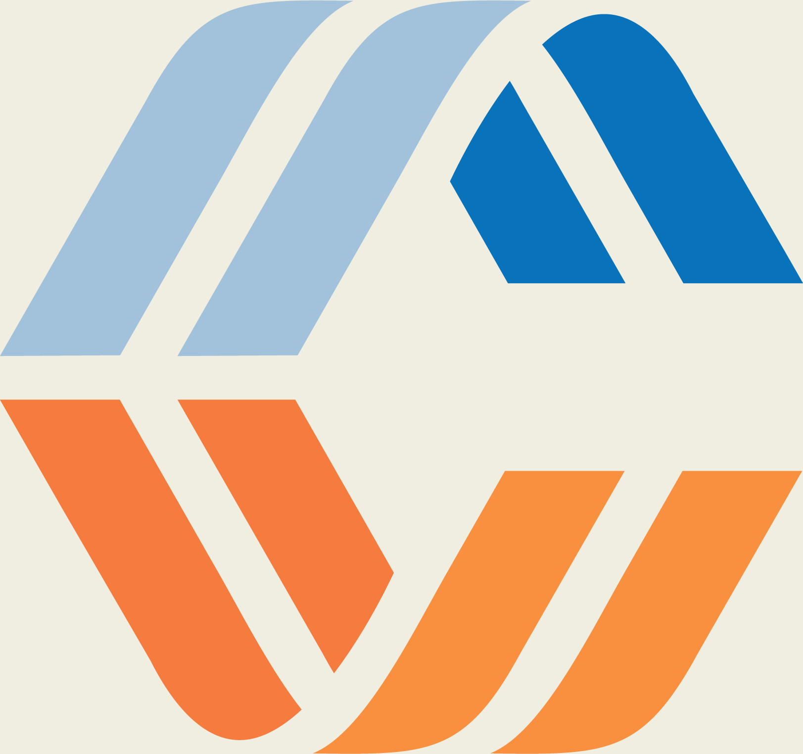 A geometric pattern with interlocking shapes in blue and orange on a beige background.