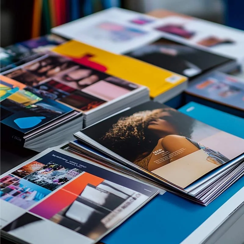 Stacks of colorful magazines and brochures spread on a table, featuring various images and designs.