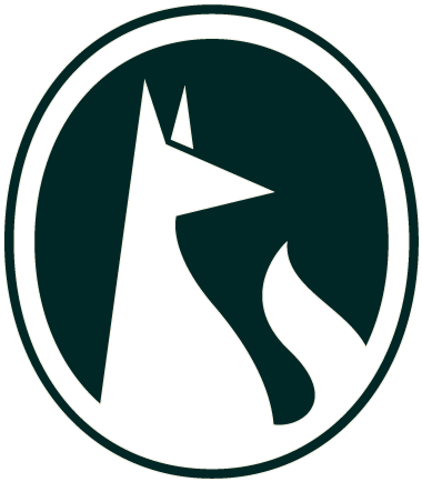 Stylized black dog silhouette with a pointy nose, within an oval emblem, on a dark green background.