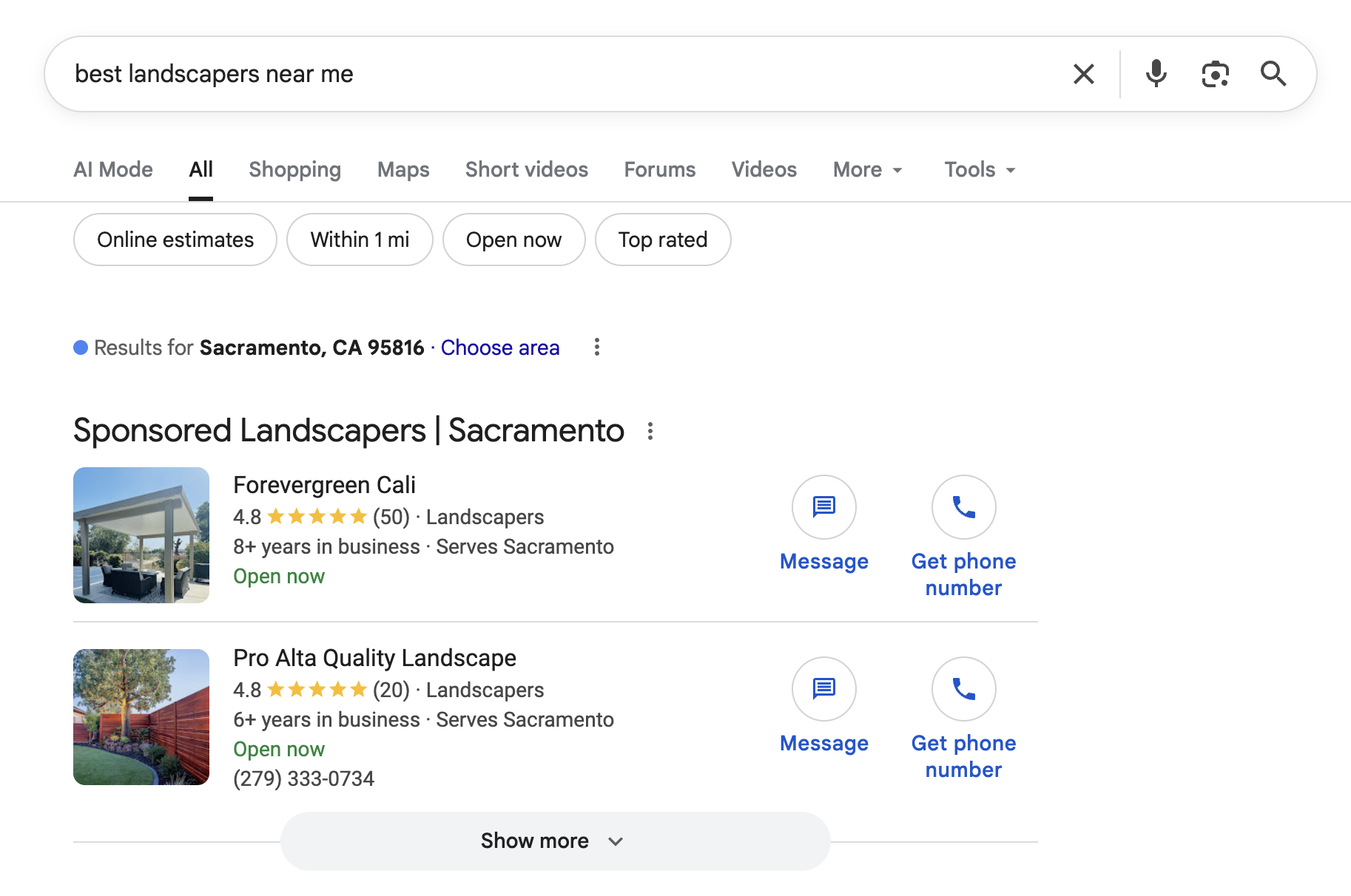 Screenshot of search results for best landscapers near Sacramento, CA, showing two advertisements for landscaping companies: Evergreen Cali with a white gazebo and outdoor furniture, and Pro Alta Quality Landscape with a red wooden fence and green grass.
