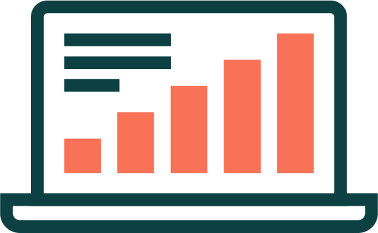 Rising bar chart on a laptop screen representing data growth.