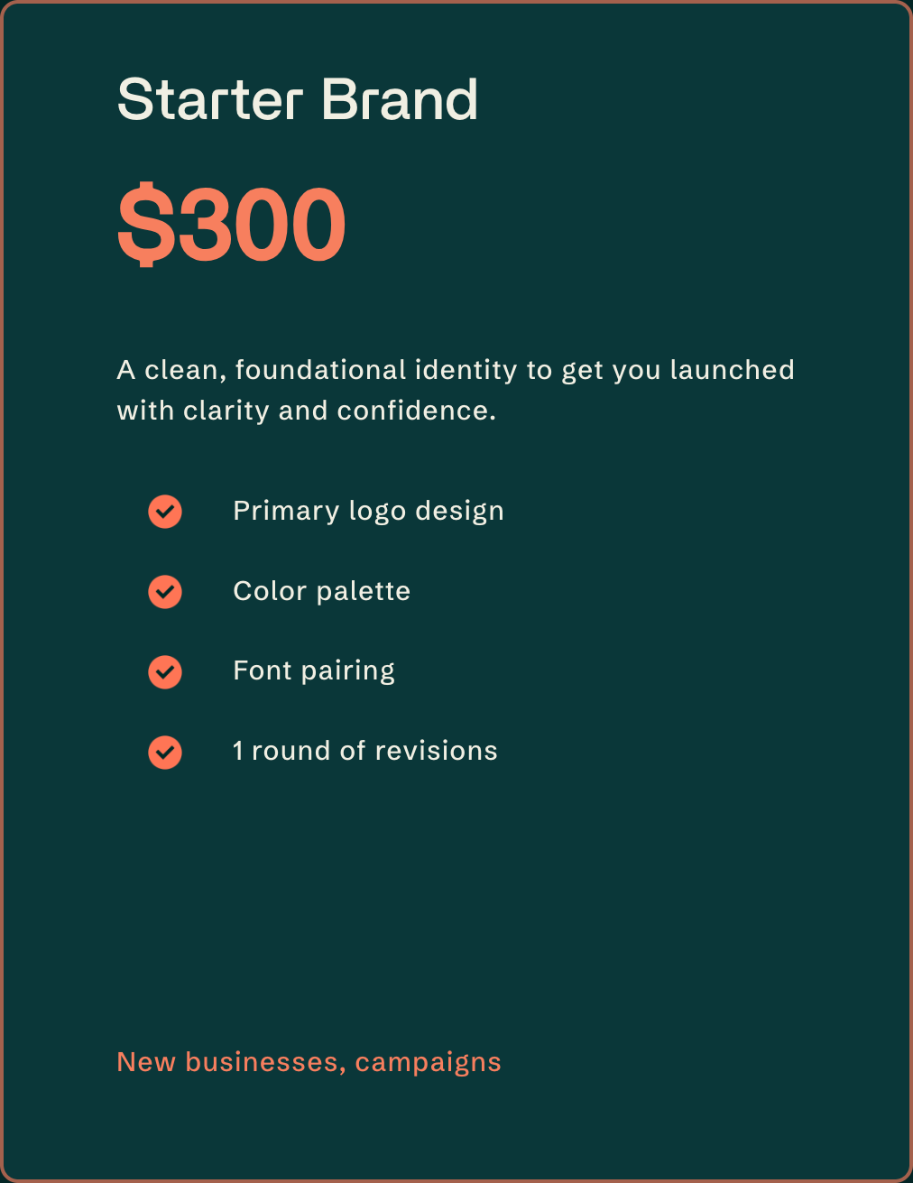Pricing plan for Starter Brand at $300, includes logo design, color palette, font pairing, and one revision. Tagline mentions new businesses and campaigns.