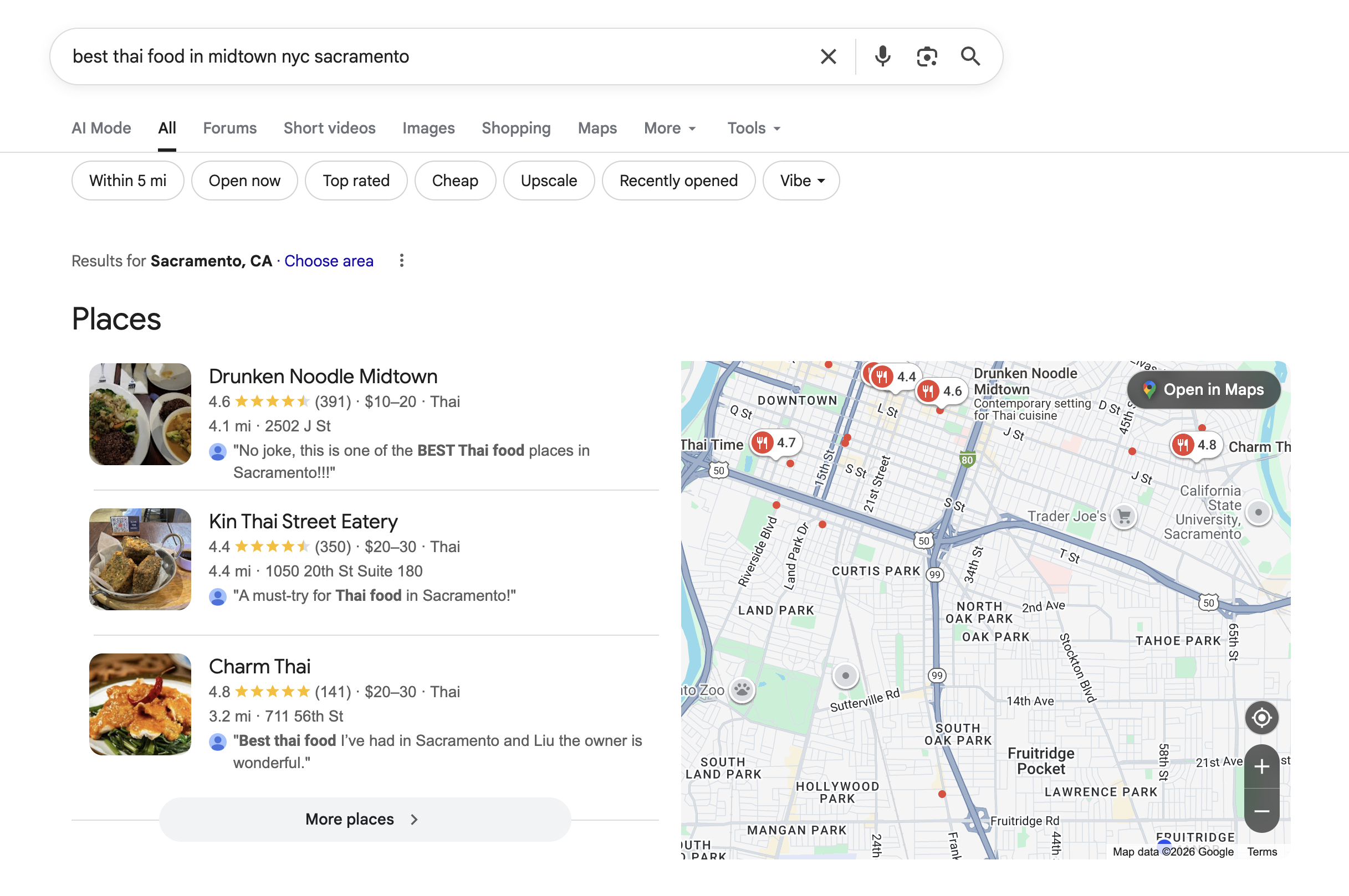 Google search results for the best Thai food in Midtown Sacramento, showing three restaurant listings with ratings and photos, a map with restaurant locations marked, and the option to open in maps.