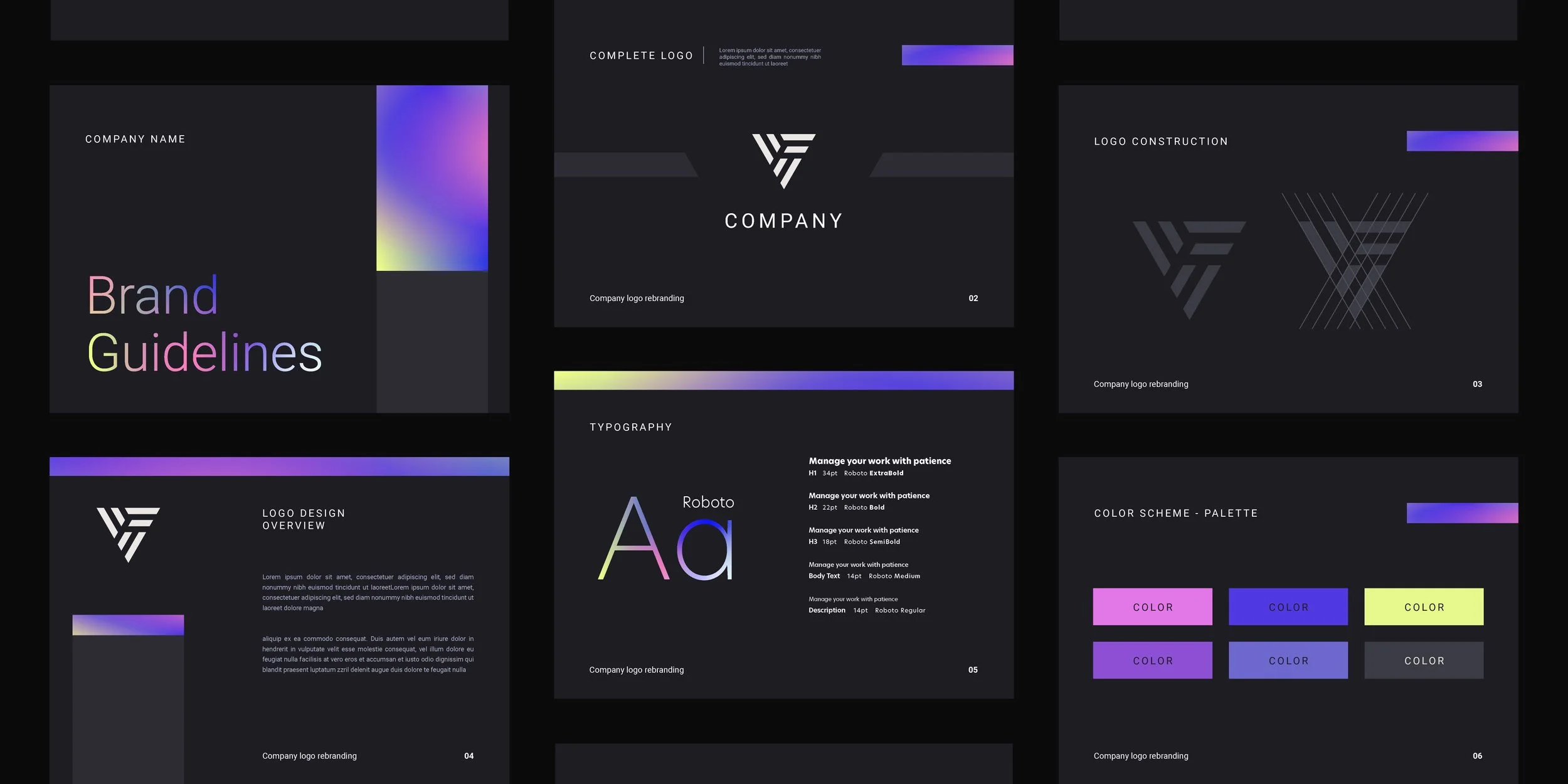Digital branding style guide with brand guidelines, logo overview, logo construction, typography, and color palette, featuring a black background with colorful gradient accents and white text.