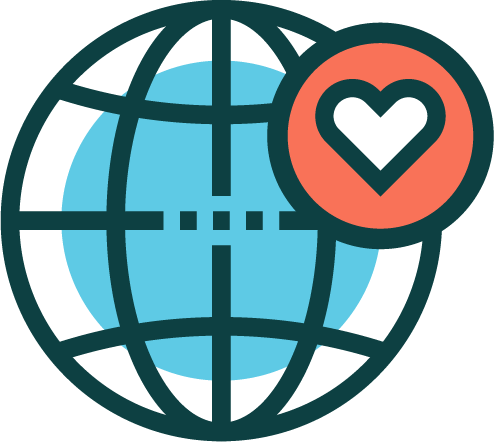 An illustration of a globe with a heart inside a circle overlay, symbolizing global love or worldwide compassion.