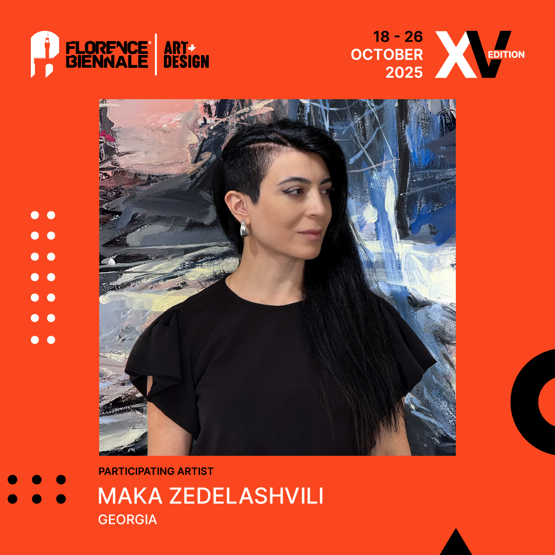 Photograph of Maka Zedelashvili, a Georgia-based artist, with short black hair and wearing a black top, standing in front of an abstract painting with blue, black, white, and pink colors, on an orange background promoting the Florence Biennale Art and Design event, October 18 to 26, 2025.