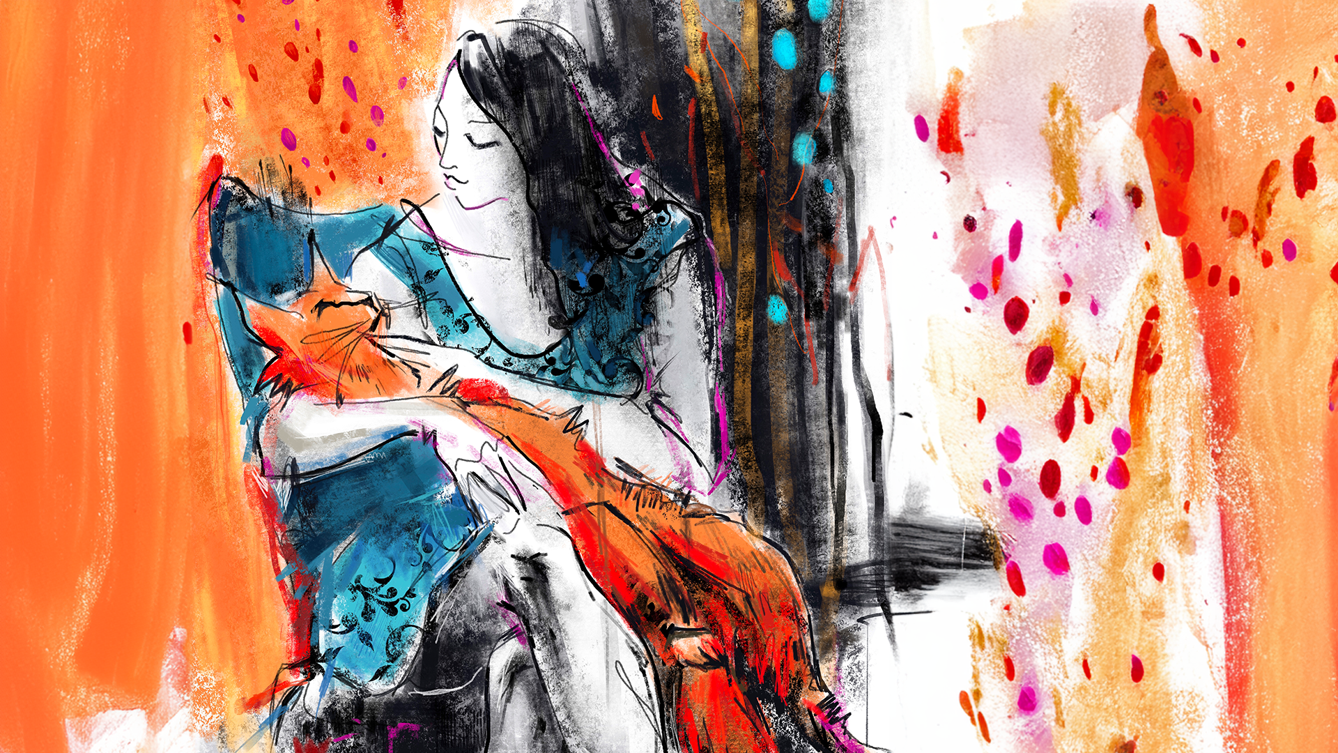 An abstract watercolor illustration of a woman hugging a dog against an orange, black, and pink background.