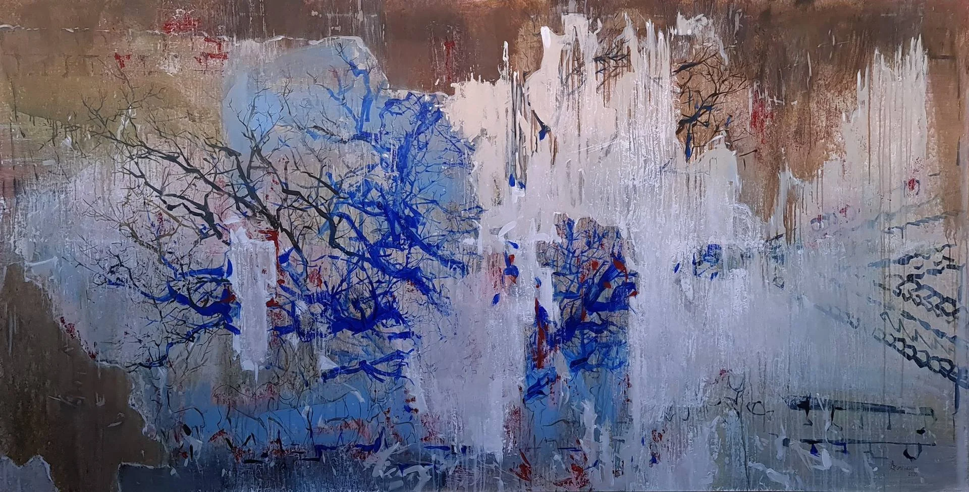 Abstract painting featuring leafless trees with black, blue, and red branches on a textured background of white, beige, and gray with dripped and layered paint.