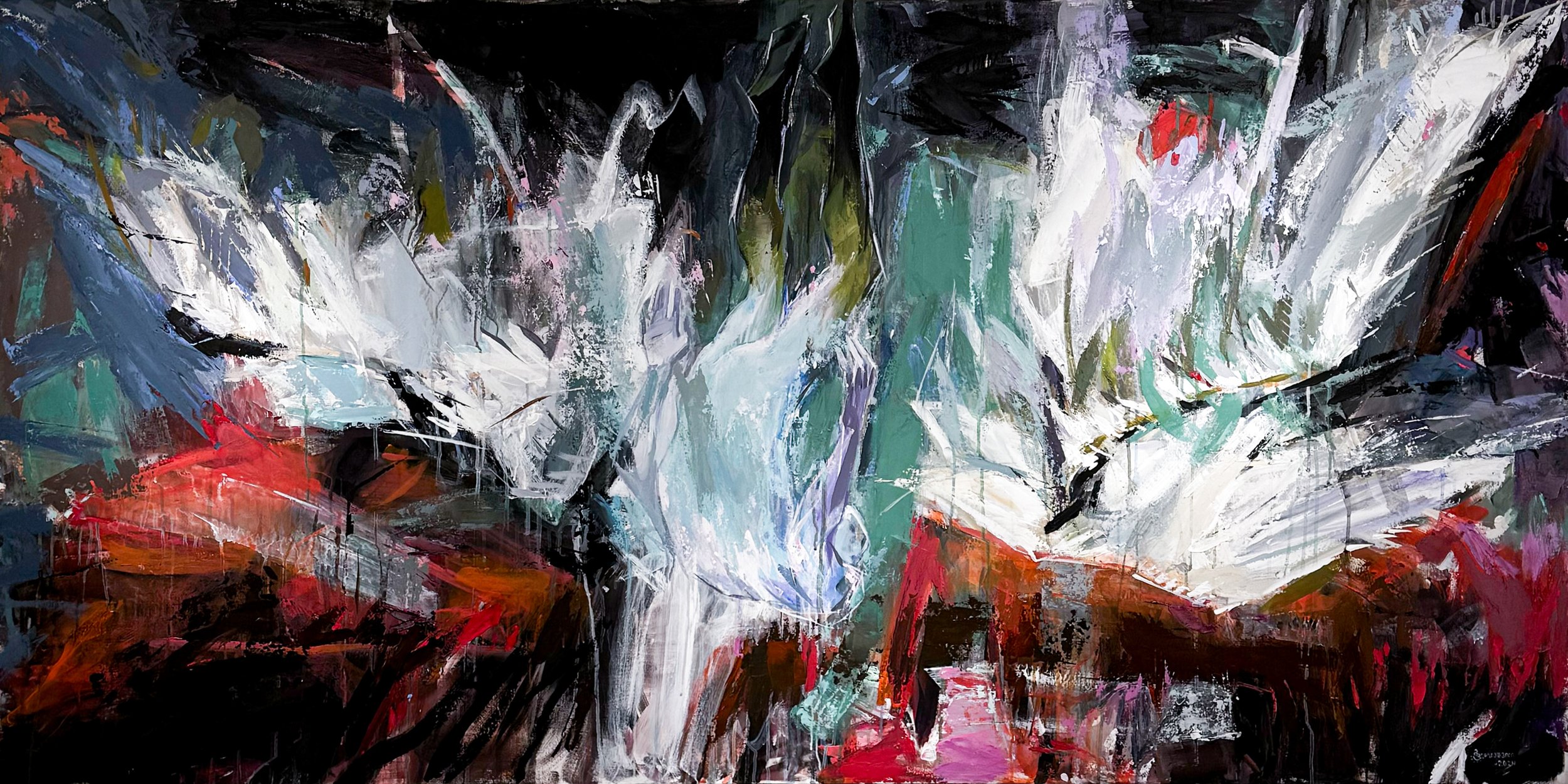 An abstract painting with bold brushstrokes and vibrant colors, including white, black, red, blue, green, and purple, creating a dynamic and expressive composition.