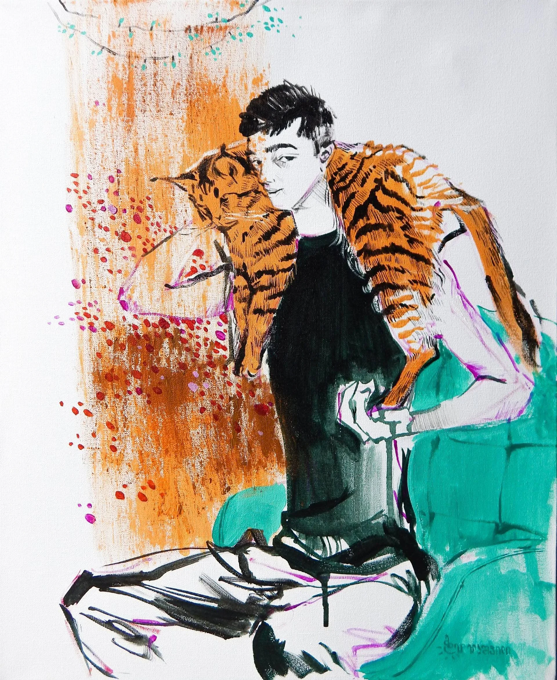 The boy with a cat - 40 W x 50 H cm