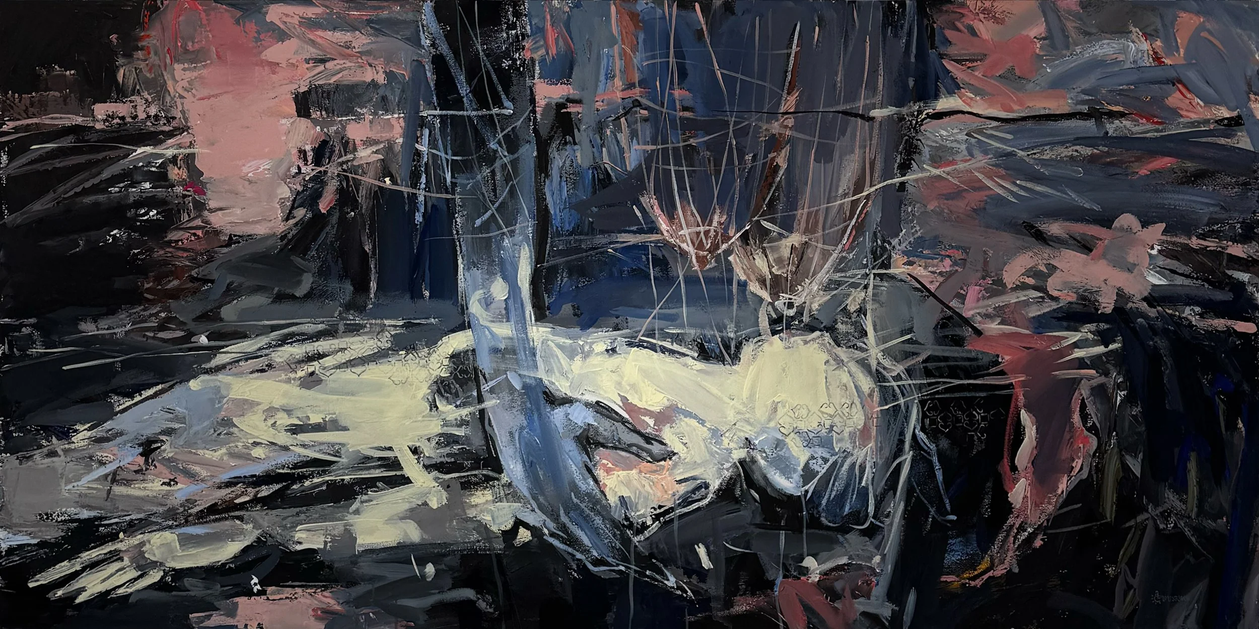 An abstract painting with dark colors, pink, and white strokes suggesting a landscape or a dynamic scene with various textures and lines.
