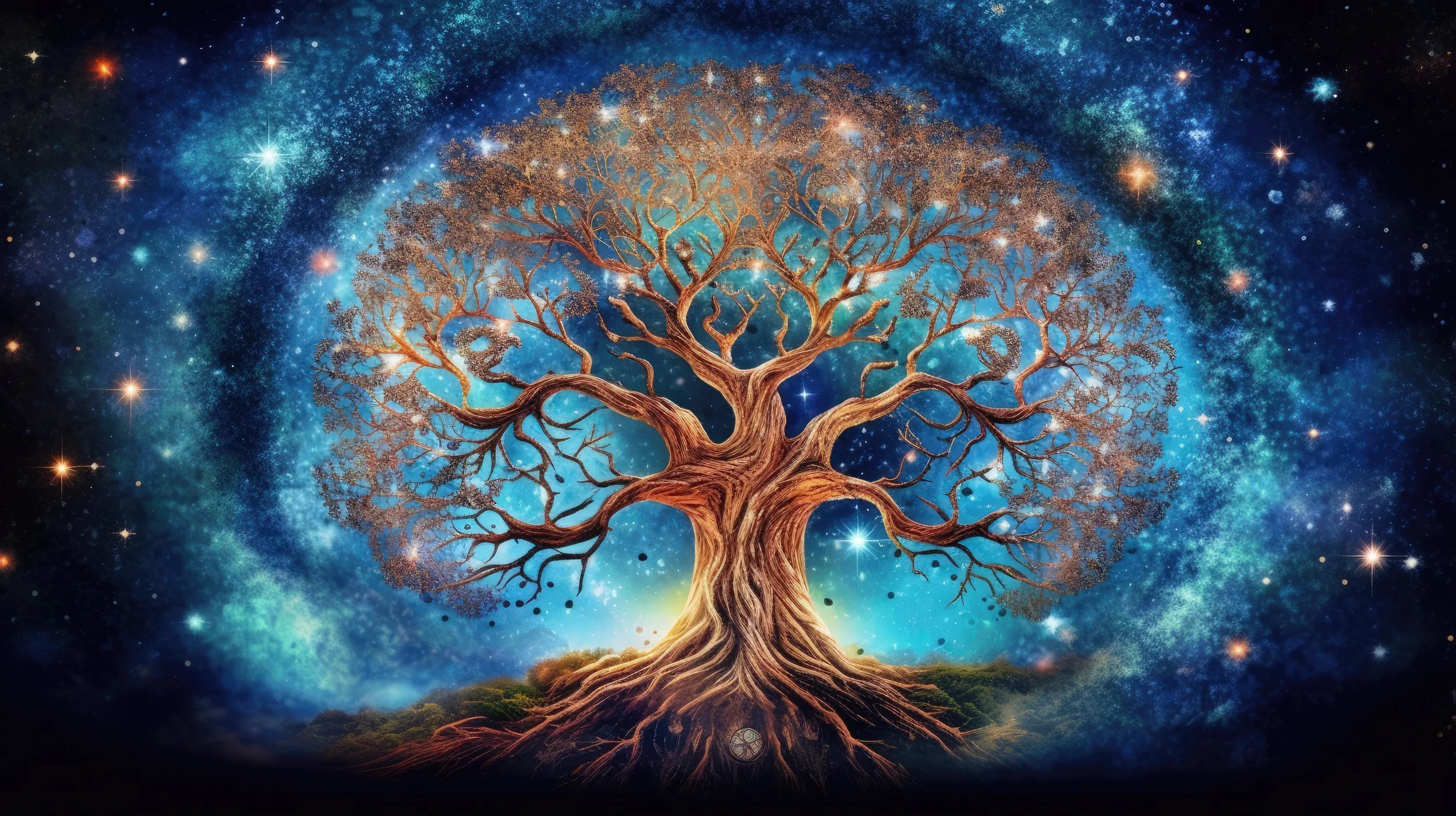 A large, golden-brown Tree of Life with many branches and roots, set against a colorful cosmic background with stars and nebulae.