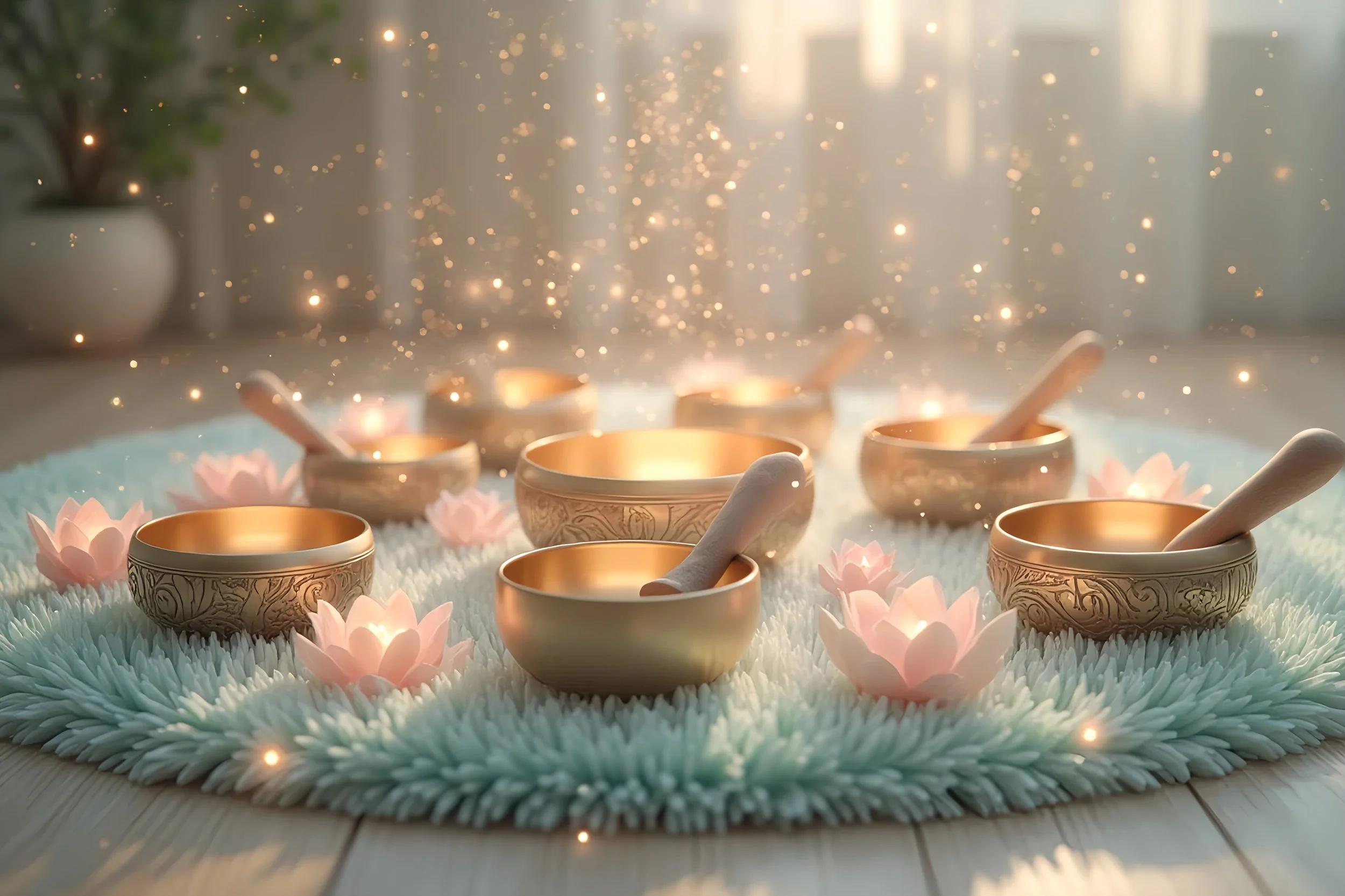 Seven Tibetan singing bowls with wooden mallets surrounded by pink lotus-shaped candles, with a blurred background and floating golden particles.