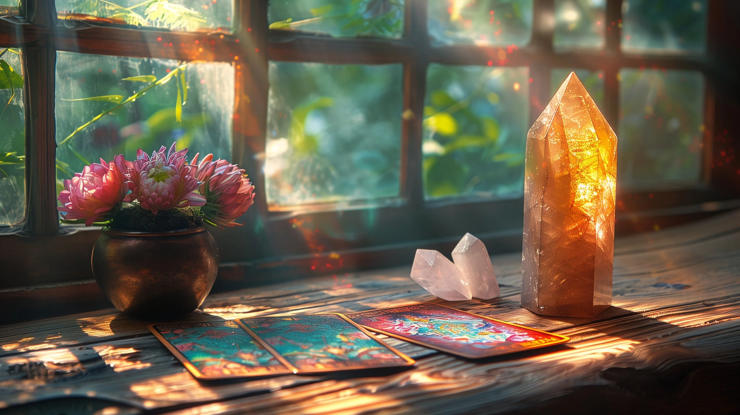 A wooden windowsill with a potted pink flower, a large amber-colored quartz crystal, two clear quartz crystals, and four tarot cards in front. Sunlight filters through the window, casting warm light and shadows on the scene.