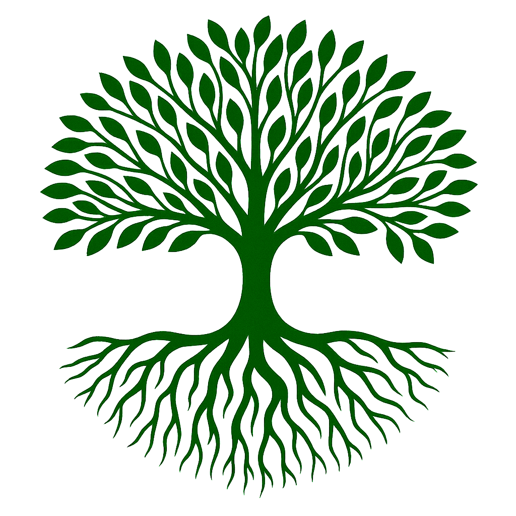 Green tree illustration with symmetrical branches and roots against a black background.