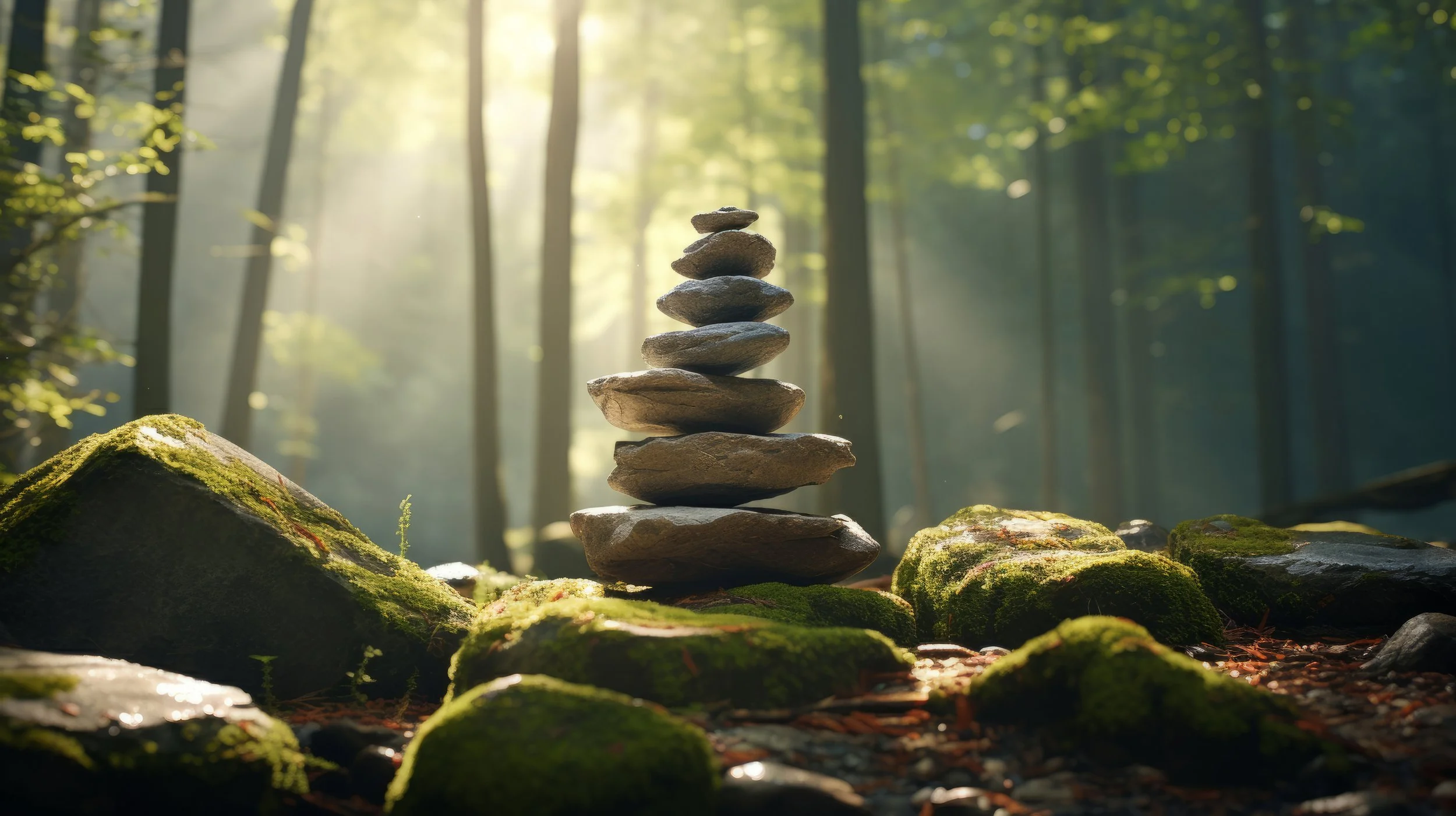 A stack of flat stones balanced on top of each other in a forest with moss-covered rocks and sunlight filtering through trees in the background.