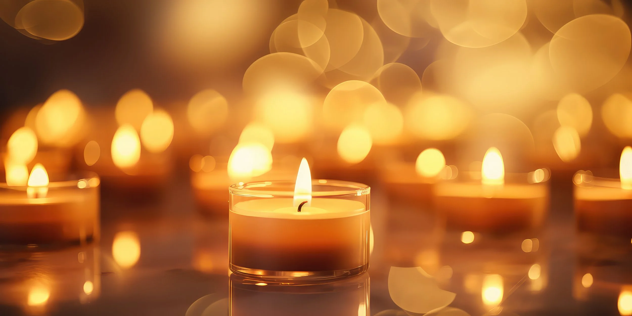 Several lit tea light candles in glass holders with warm glowing flames, creating a soft, ambient light.