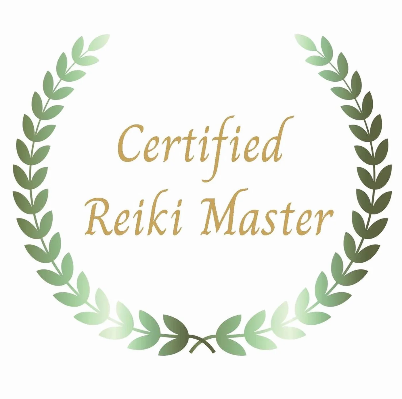 A certification badge with green laurel leaves and gold text that reads 'Certified Reiki Master'.