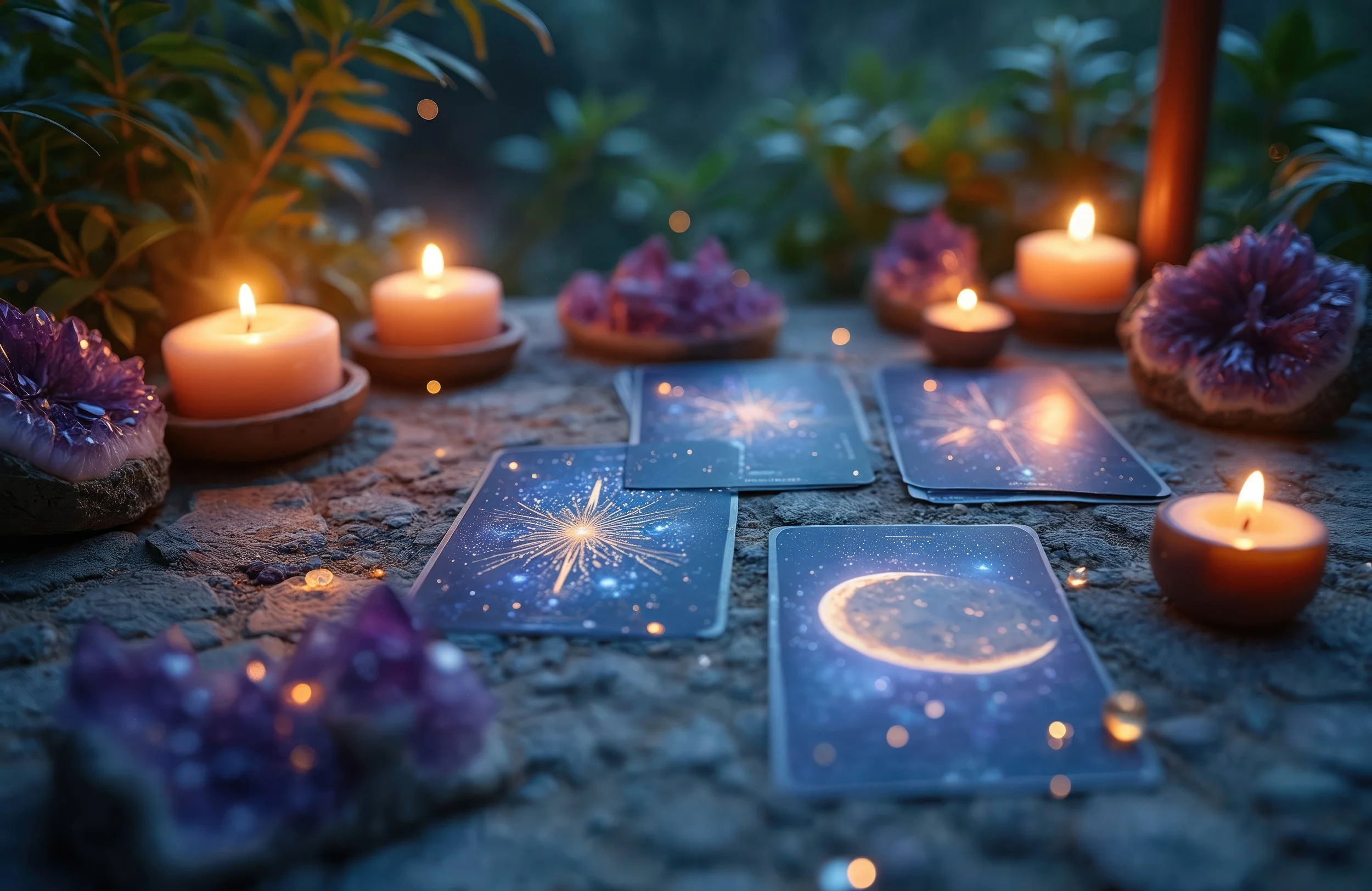 Tarot or oracle cards laid out on a stone surface, surrounded by lit candles, purple crystals, and decorative flowers, with a dark outdoor background and soft lighting.
